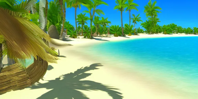 Image similar to A desert island paradise in 2000s 3D, crystal clear sea, screenshot