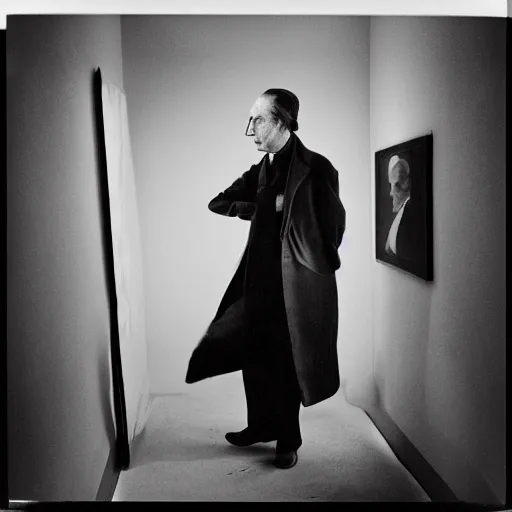 Image similar to underexposed photo of Marcel Duchamp in a room full with an ancient machine, tri-x, Irving Penn, Jeff Wall, archival pigment print, contemporary art