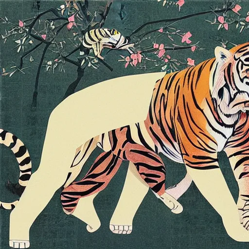 Image similar to a delorean protecting a tiger, japanese magazine collage, art by hsiao - ron cheng and utagawa kunisada