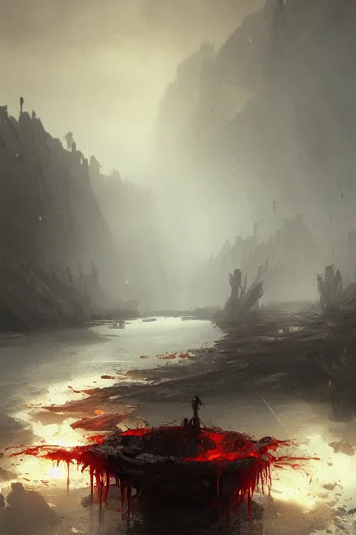 Image similar to bloody river in hell, by greg rutkowski, trending on artstation