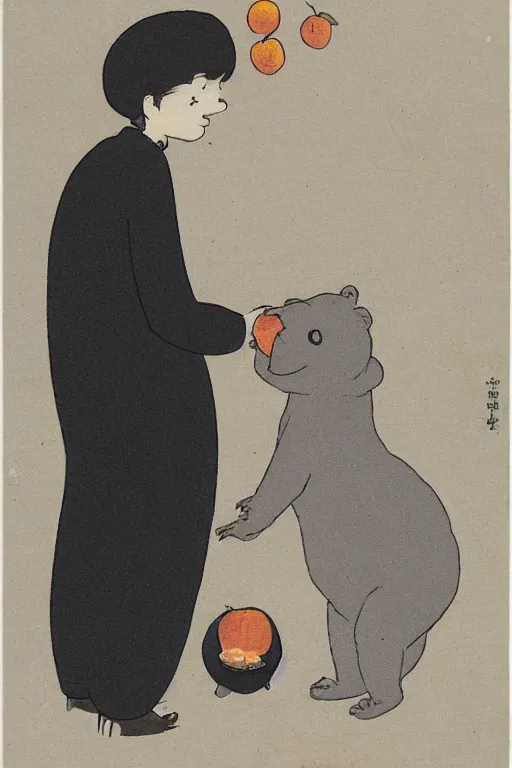 Image similar to a girl gives a peach to a really anthropomorphic black bear, in the style of foujita tsuguharu