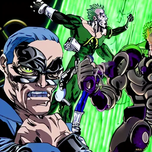 Image similar to cyborg dril fighting dio from jojo's bizarre adventure, photo, photograph