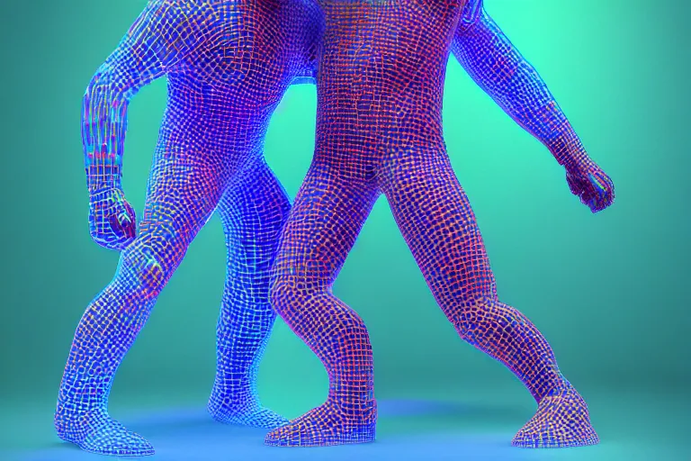 Image similar to full body, alan turing wrestling with agent smith, sculpture by auguste rodin, multicolored glowing tubes, glowing digital eyes, 8 k, front shot, symetrical, flourescent colors, halluzinogenic, multicolored, insanely detailed, 3 d render, octane