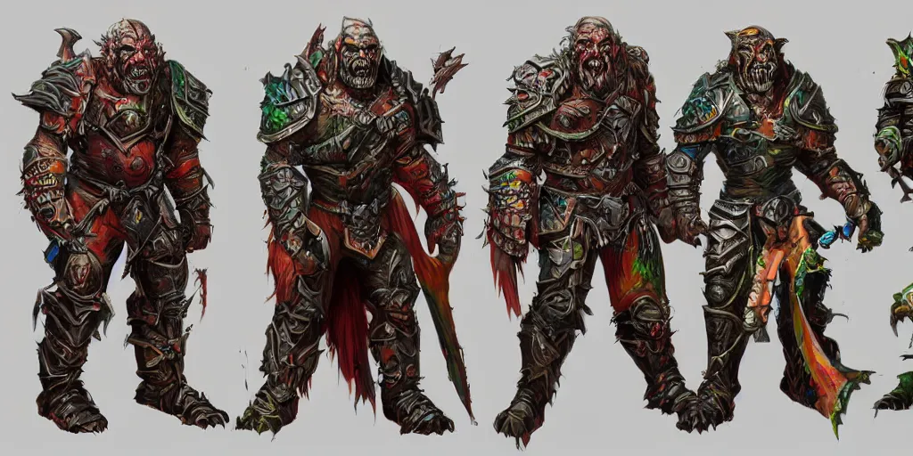 Prompt: different views of scary orcs in armour, colourful intricate!! concept art by senior character artist, trending on artstation, full body character design