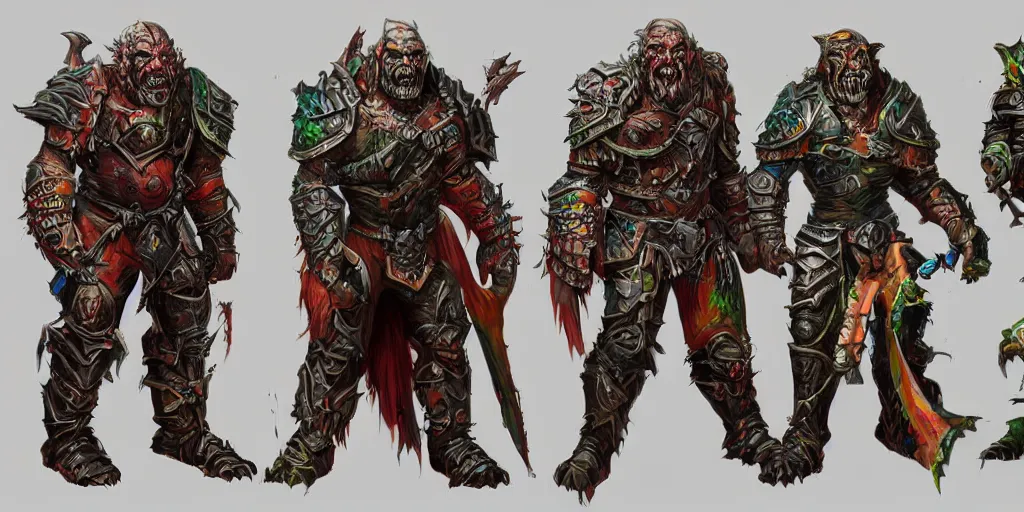 Image similar to different views of scary orcs in armour, colourful intricate!! concept art by senior character artist, trending on artstation, full body character design