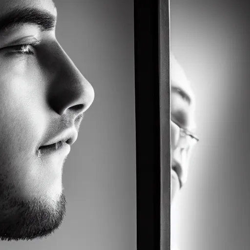 Image similar to young man looking deeply into a mirror, portrait studio, taken with canon eos, f 1. 4, soft diffused light, iso 2 0 0,