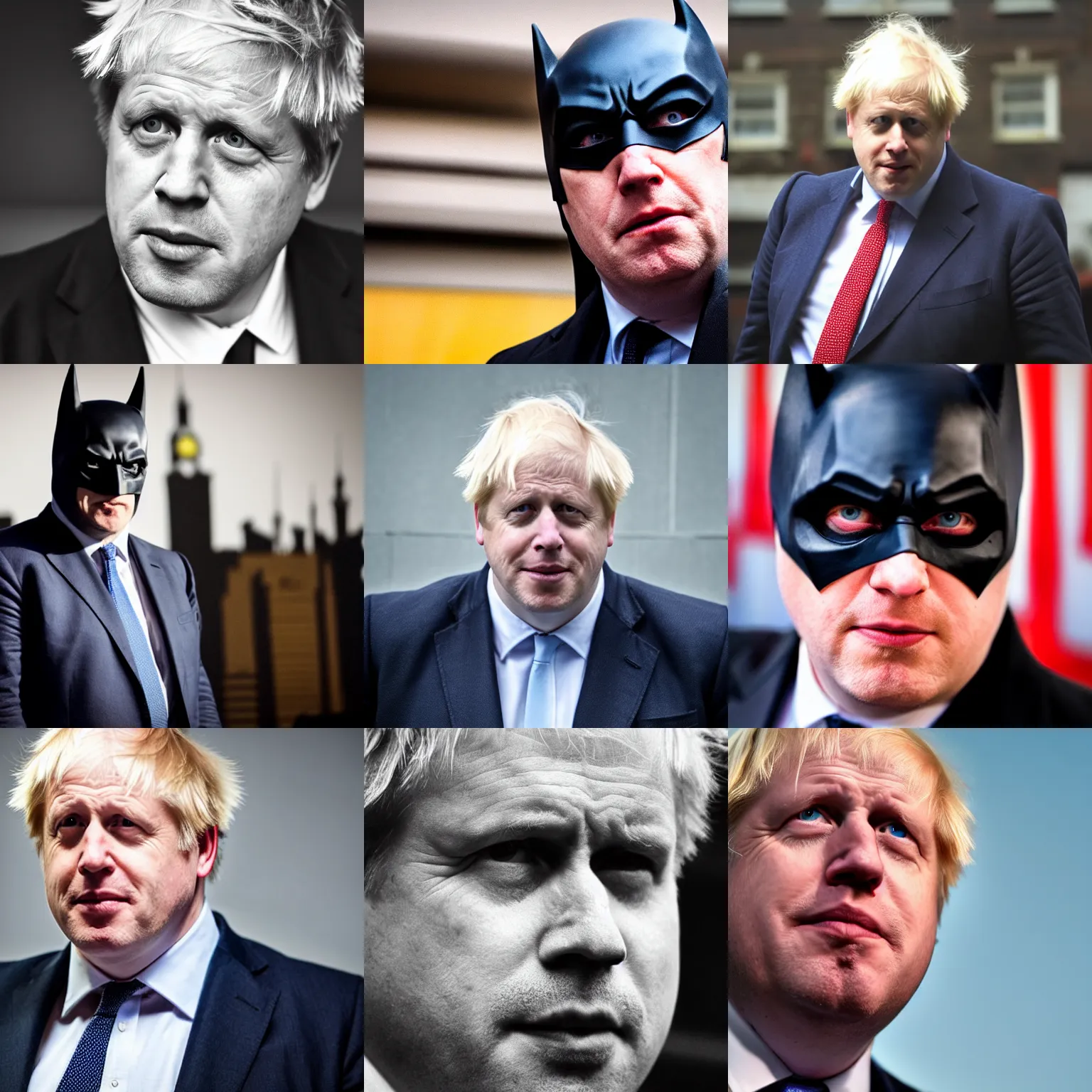 Prompt: A medium shot of Boris Johnson as Batman, shallow depth of field