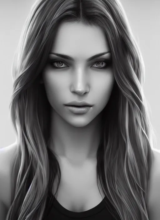 Image similar to full body portrait of a beautiful woman in black and white, photorealistic, hair down to waist, art by diego fazio and diegoKoi and artgerm, concept art, hyper sharp focus, 8k highly detailed