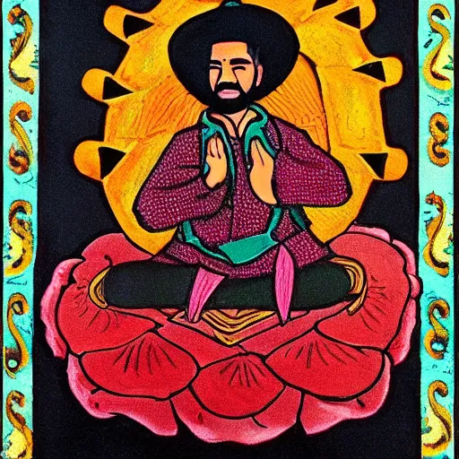 Prompt: mexican vaquero seated lotus position, persian folklore illustration