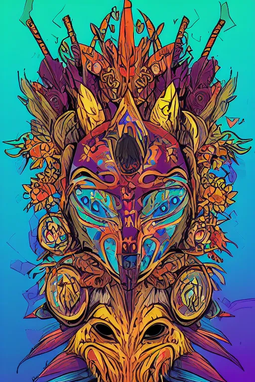 Image similar to animal mask totem roots flower tribal feather gemstone plant wood rock shaman vodoo video game vector cutout illustration vivid multicolor borderlands comics by josan gonzales and dan mumford radiating a glowing aura