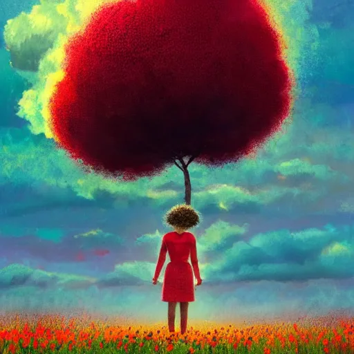 Image similar to girl with afro made of red flower, standing in a field with flowers, surreal photography, hills, big trees, sunrise dramatic light, impressionist painting, colorful clouds, digital painting, pointillism, artstation, simon stalenhag