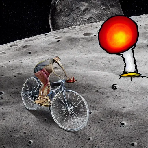 Image similar to a stainless steel bike, with swiss cheese wheels, there is a rat cycling on the surface of the moon and, drives away from a huge dangerous mushroom, explosion clouds. photorealistic