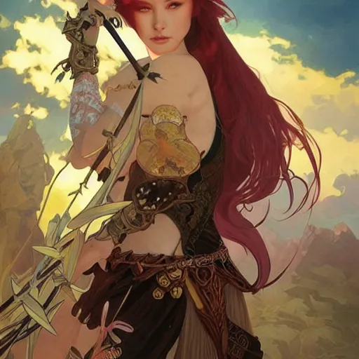 Image similar to breathtaking epic fantasy portrait of a female fighter in epic fantasy arena,, sunny weather, intricate, matte, sharp focus, illustration, art by Artgerm and Hsiao-Ron Cheng and Alphonse Mucha,, RPG portrait