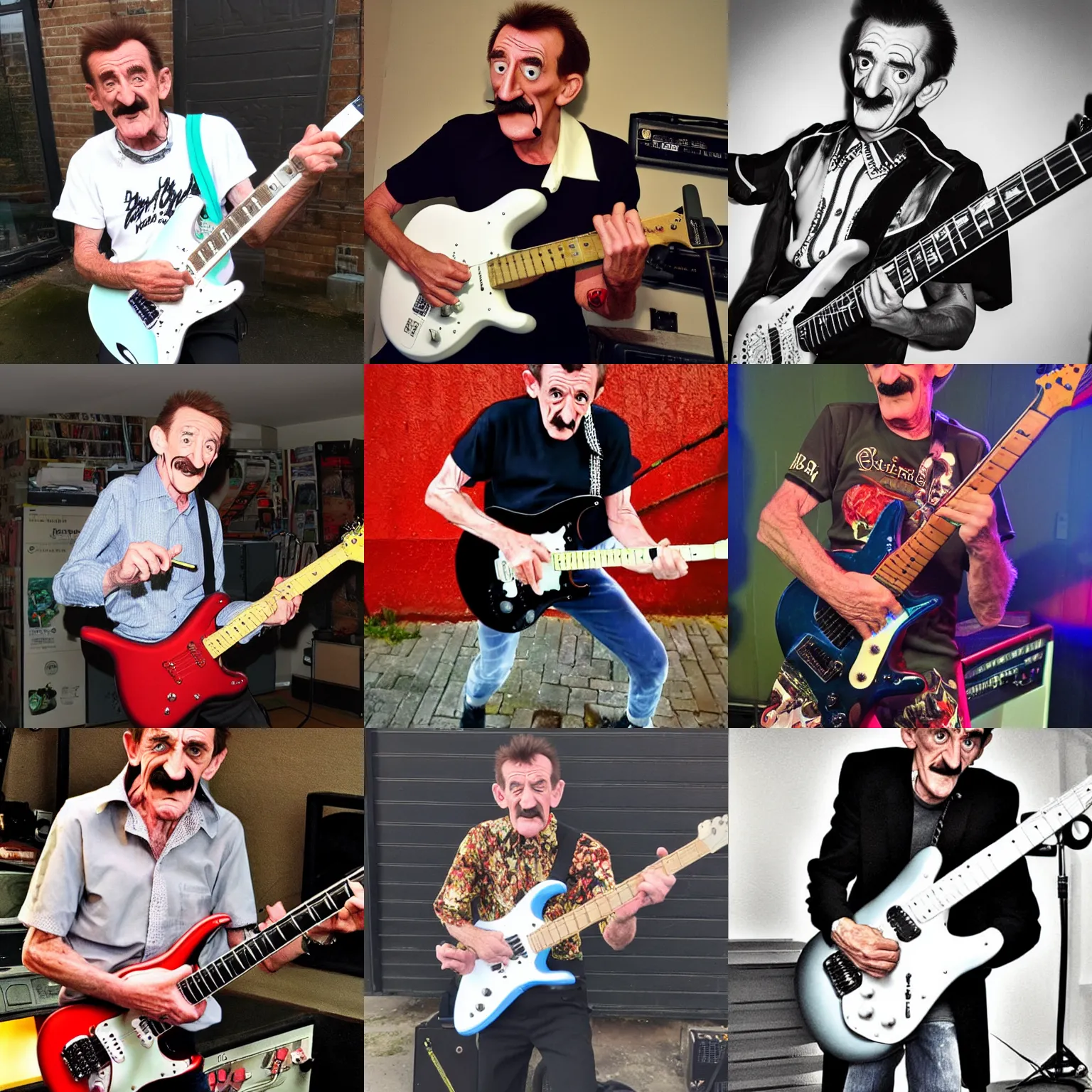 Prompt: Barry Chuckle Shredding on an electric guitar in the style of Dan Hillier