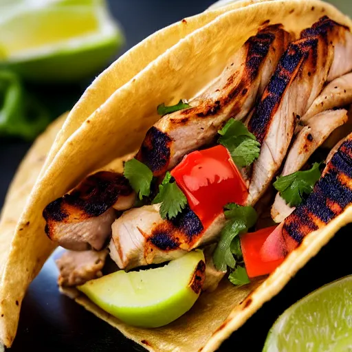 Prompt: delicious grilled chicken taco with a bite taken out of it, 8 k, mega high quality, professional food photography, award winning photo, foodporn