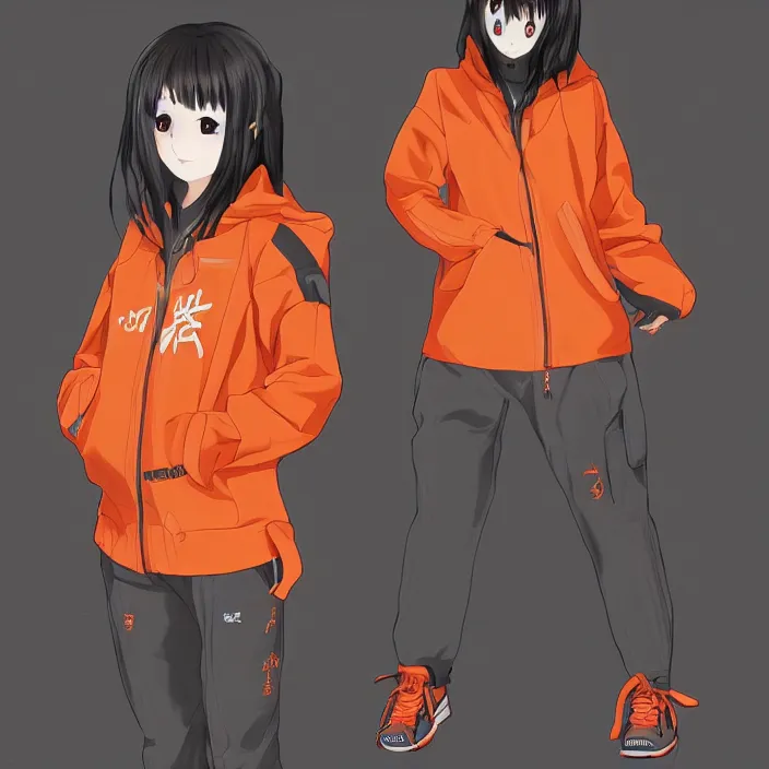 Image similar to full body pose, anime Japanese girl in streetwear, orange jacket, Very highly detailed 8K, Digital painting