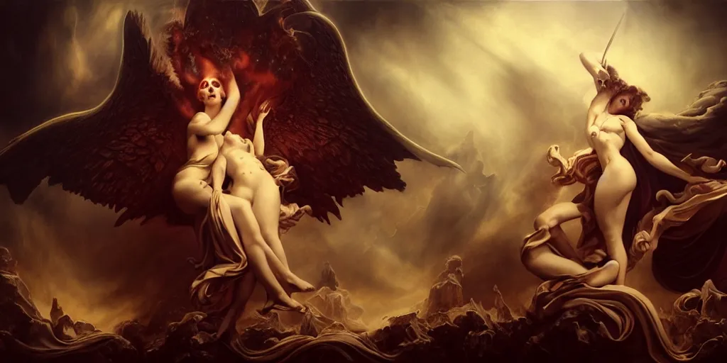 Image similar to Angels and demons, by Rolf Armstrong and Evelyn De Morgan and Bastien Lecouffe-Deharme, dramatic lighting, high contrast colors, baroque, empyrean, panoramic view, as trending on Artstation, highly detailed, doom engine,