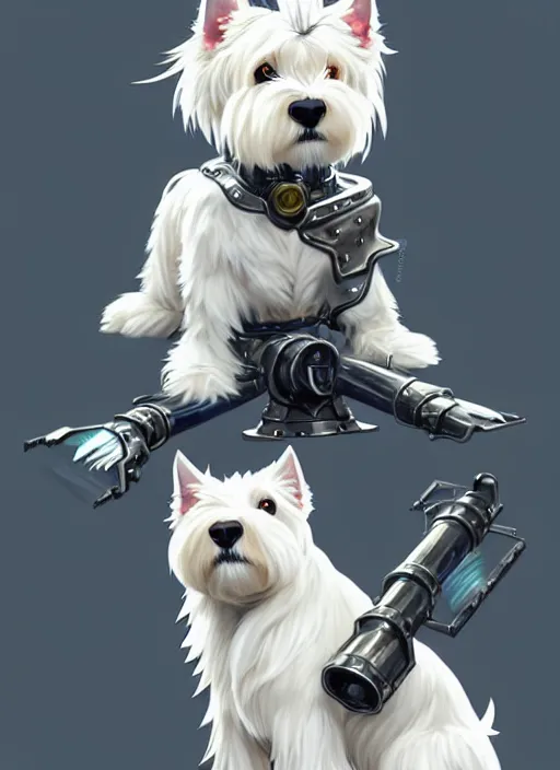 Image similar to a west highland white terrier, anime art style, wearing futuristic, led - lit armor, and a cannon mounted on his back, portrait, high detail, sharp focus, digital painting, artstation, concept art, art by hayao miyazaki and artgerm and greg rutkowski and alphonse mucha.