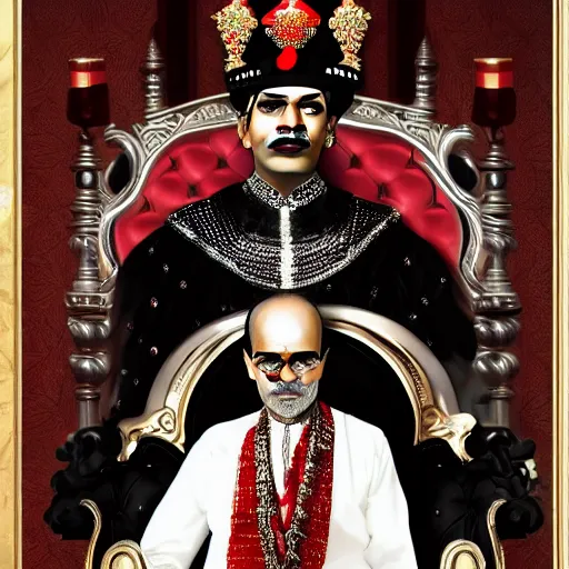 Prompt: the king of india sitting on a throne wearing a black suit and a red fez, detailed masculine face with red lips, black eyes and large forehead, moody atmosphere, digital art, highly detailed, high contrast, beautiful lighting, award winning, trending on art station, photorealistic, 8 k,