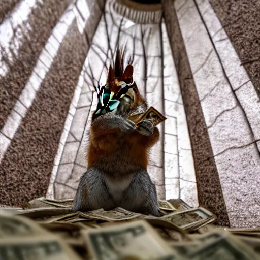 Image similar to film still, gangster squirrel counting his money, low angle, shot from below, worms eye view, low angle!!!!