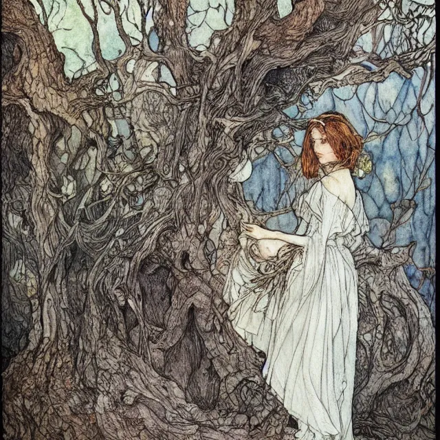 Image similar to a detailed, intricate watercolor and ink portrait illustration with fine lines, of a lovely, pretty, young alicia vikander in a dress reading under a gnarled tree, by arthur rackham and edmund dulac and mucha