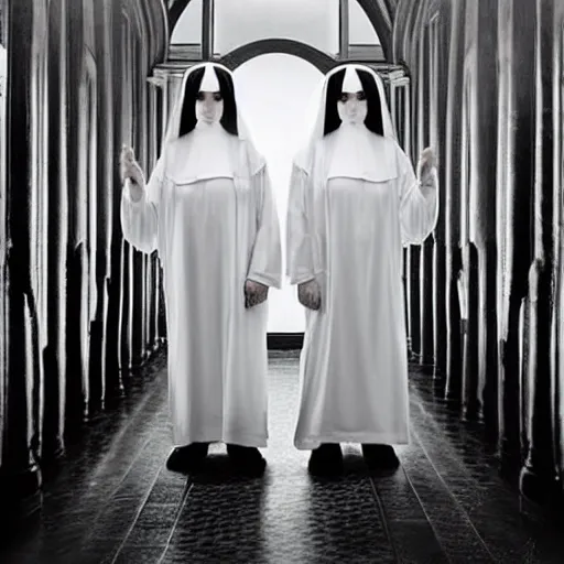 Image similar to award winning photo Floating twin nuns wearing translucent habits Very long arms, in a sanctuary, eerie, frightening —width 1024 —height 1024