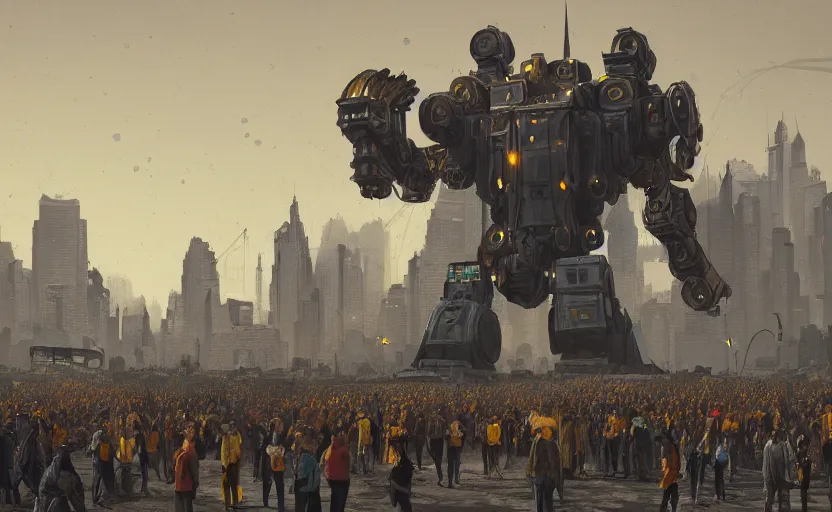 Image similar to an intricate matte painting of a giant armored plated metal mecha, crowd of people, by simon stalenhag, rust, yellow and black trim, trending on artstation, hdr, 8 k