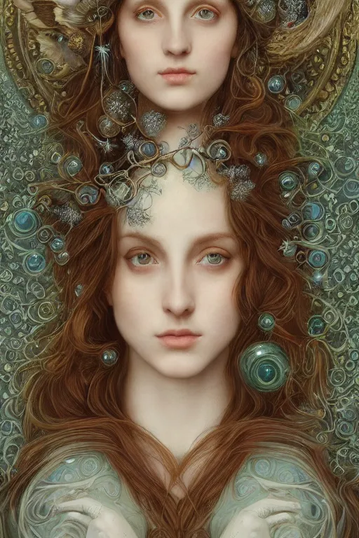 Image similar to An extremely beautiful pre-raphaelite ornate portrait of a very beautiful witch, surreal, ultradetailed, intricate, elegant, digital art painting, smooth, sharp focus, magazine art cover illustration, regal, award winning picture, extremely detailed masterpiece, sense of awe, featured on Artstation, Artgerm, ethereal bubbles, Aetherpunk, atmospheric lightning, Exquisite, floral details, 8K detail post-processing, oil painting