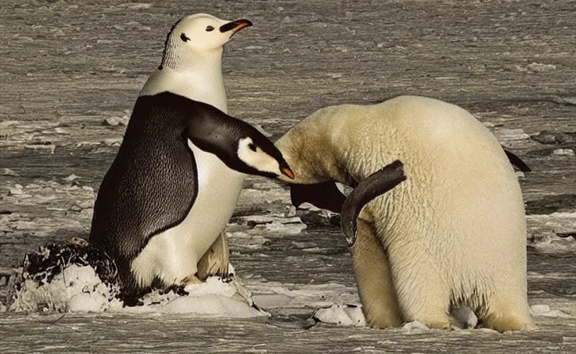 Prompt: A penguin riding a polar bear, in an epic medieval battle