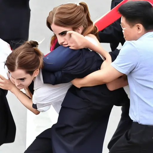 Image similar to angry emma watson putting xi jinping in a headlock as security agents close in