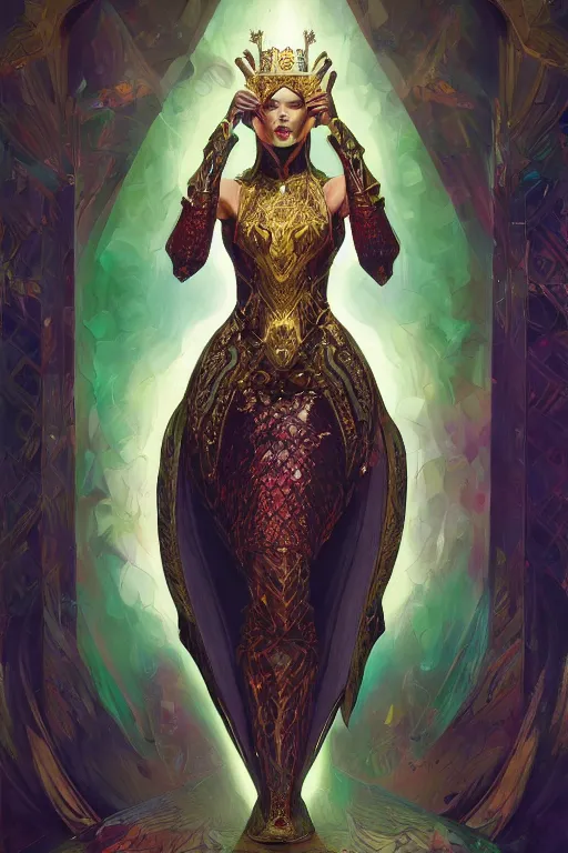 Prompt: masterpiece digital painting of a queen reptilian, hourglass figure, gold obsidian armor, chaotic ruby inlays, large cape, background, by kev walker and greg rutkowski and mucha, green sparkles, artstation, deviantart, cinematic lights