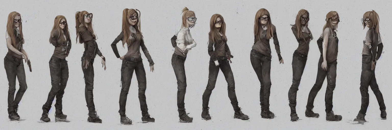 Prompt: female character study of shy ugly ousider avril lavigne, glasses, geek, character sheet, fine details, concept design, contrast, kim jung gi, greg rutkowski and francis bacon, trending on artstation, 8 k, full body and head, turnaround, front view, back view, ultra wide angle