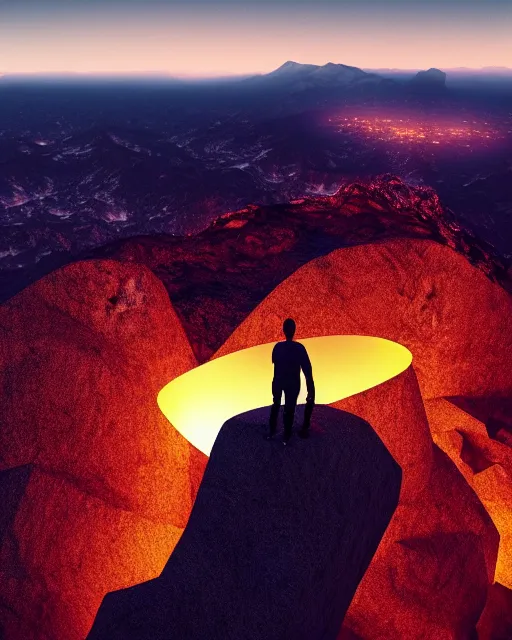 Image similar to a man standing in the middle of a mountain looking at a glowy shape, a render by filip hodas, behance contest winner, environmental art, rendered in cinema 4 d, volumetric lighting