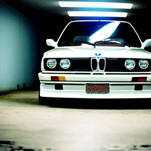 Image similar to a modified bmw e 3 0 with lights on in a futuristic neon parking garage, 3 5 mm photography, car photography, clean lines, realistic