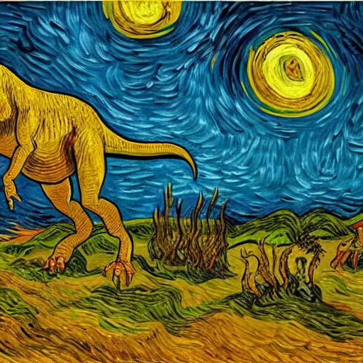 Image similar to painting of the extinction of the dinosaurs, in the style of vincent van gogh