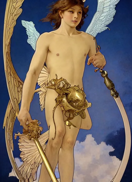 Image similar to digital character concept art by maxfield parrish and artgerm and greg rutkowski and alphonse mucha. portrait of a young 1 3 year old boy, a young god, icarus with mechanical bird wings, beautiful, holding a staff, detailed, poster art, light effect, glowing, hyper detail, intricate, elegant, digital painting, artstation, smooth, sharp focus