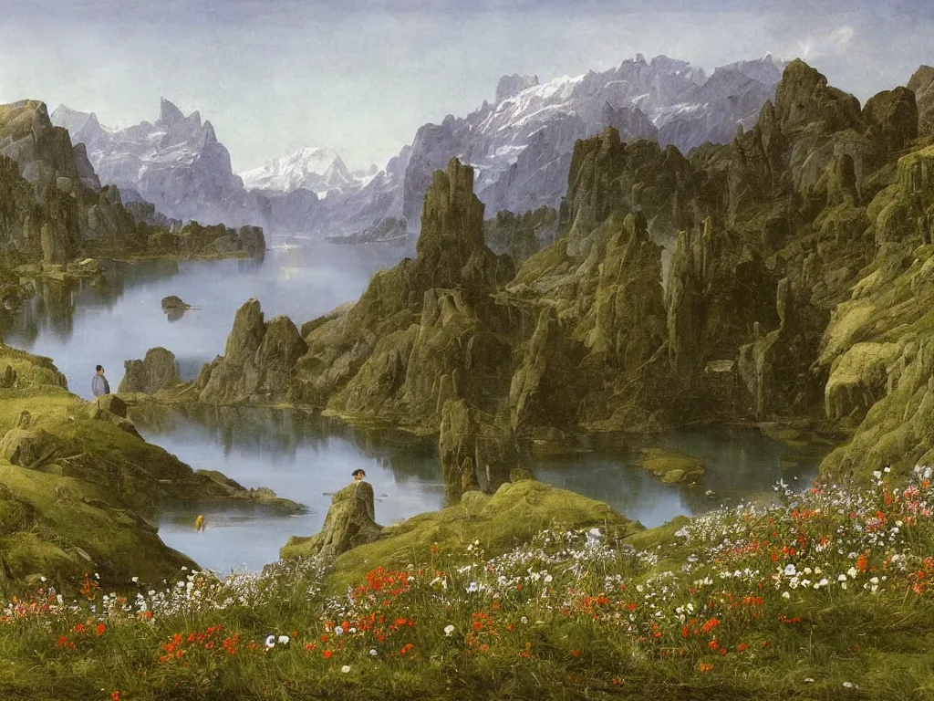 Image similar to a detailed painting of a majestic wilderness in switzerland in spring by caspar david friedrich, high detail, snow capped mountains reflecting on a lake, wildflowers,