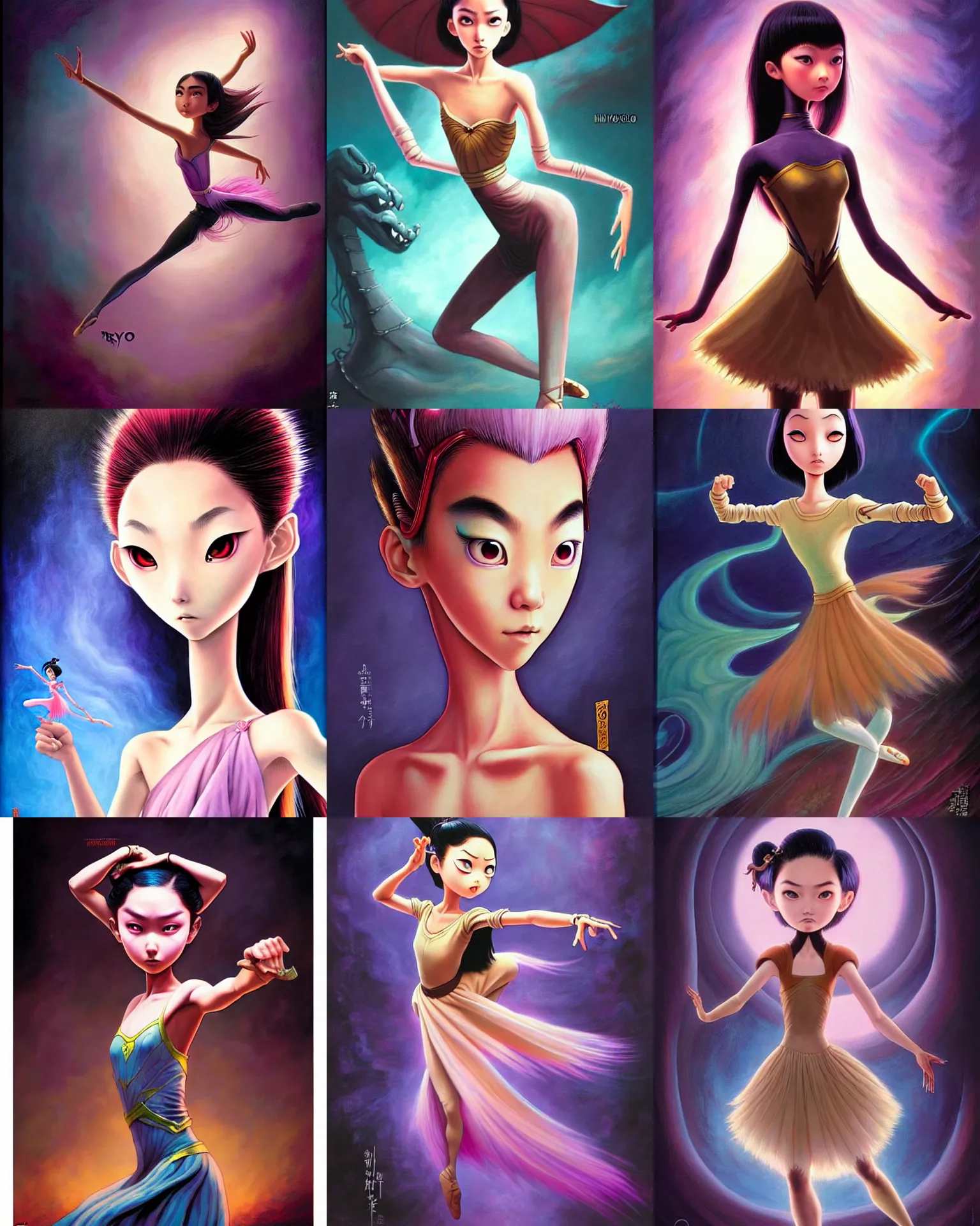 Prompt: an epic fantasy comic book style painting of a young malaysian woman, dancing ballerina, expressive, pastel palette, dark piercing eyes, tan skin, beautiful futuristic hair style, awesome pose, character design by mark ryden pixar hayao miyazaki, ue 5