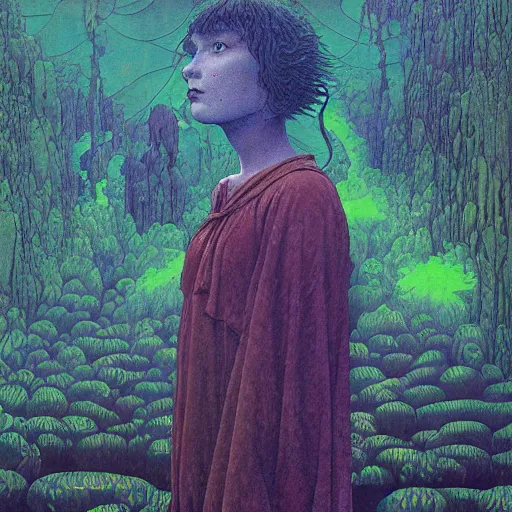 Image similar to A young Kiki from Kikis delivery service pre-raphaelite defined colours , Ivan Bilibin, Austin Osman Spare, high quality, ultra detailed. Beksinski painting, art by Takato Yamamoto. masterpiece, oil on canvas painting, pixelart, pixel sorting, datamosh, glitch. vivid acid neon colours. Futurism by beksinski carl spitzweg moebius and tuomas korpi. baroque elements. baroque element. intricate artwork by caravaggio. Oil painting. 3d rendered in octane. cinematin, pixiv, unreal5, 8k