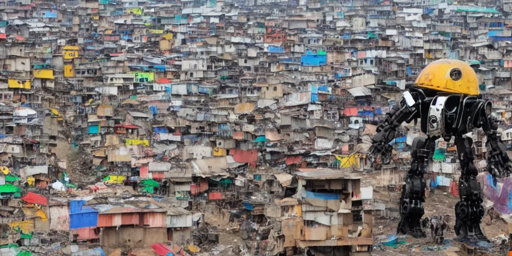 Prompt: giant mecha ROBOT of AJEGUNLE SLUMS of Lagos, writing on robot,