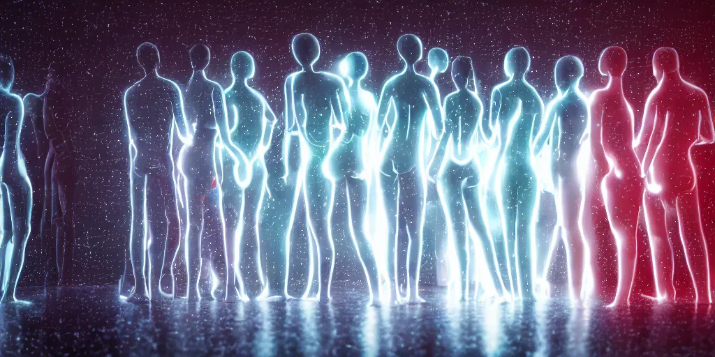 Image similar to groups of androids with glowing electronic bodies, from behind, rebirth, beauty, wide angle, elaborate, wet, highly detailed, colors, beautiful lighting