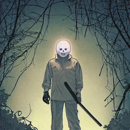 Image similar to michael myers in outside the myers house, halloween night, finely illustrated pale mask, moon light, shrubs, highly detailed, colored pencil, gainax, tankobon, in the style of ilya kuvshinov and yoshiyuki sadamoto and william - adolphe bouguereau and alphonse mucha