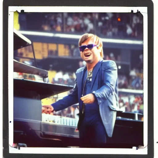 Image similar to Elton John Age 25, Dodgers Stadium concert in 1975, ultradetailed, polaroid picture, enhanced quality polaroid photo