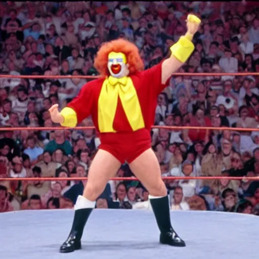 Image similar to A still of Ronald McDonald in WWE, 1990
