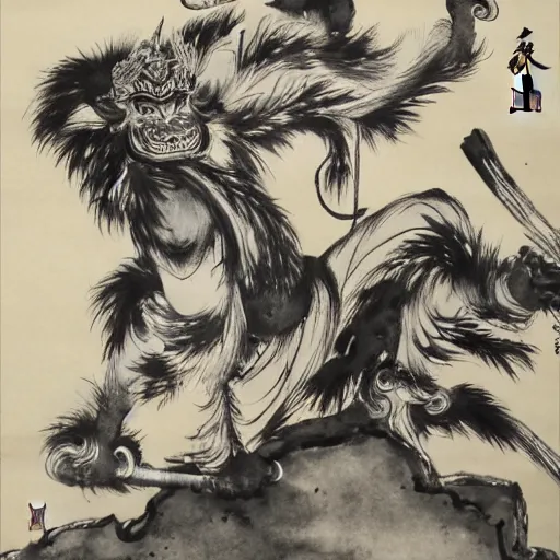 Image similar to a Chinese ink painting, taoism wukong, by wu daozi, HD,