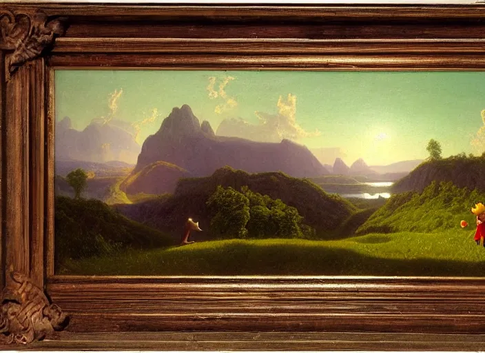 Image similar to american realist romanticism landscape painting of teletubbies in the style of hudson river school and thomas cole and albert bierstadt and robert duncanson