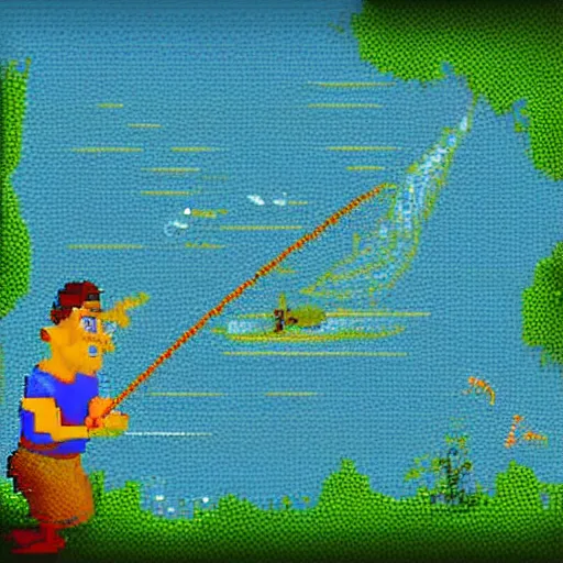 Prompt: 6 0 0 px by 6 0 0 px. expensive pixel work, dithered masterpiece, pixel art shrek fishing on a sailboat