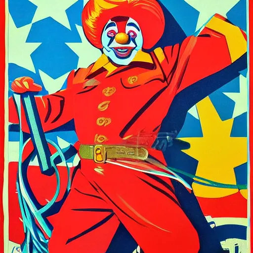 Prompt: communist clown painting, soviet propaganda, vivid colors, poster art style, detailed image