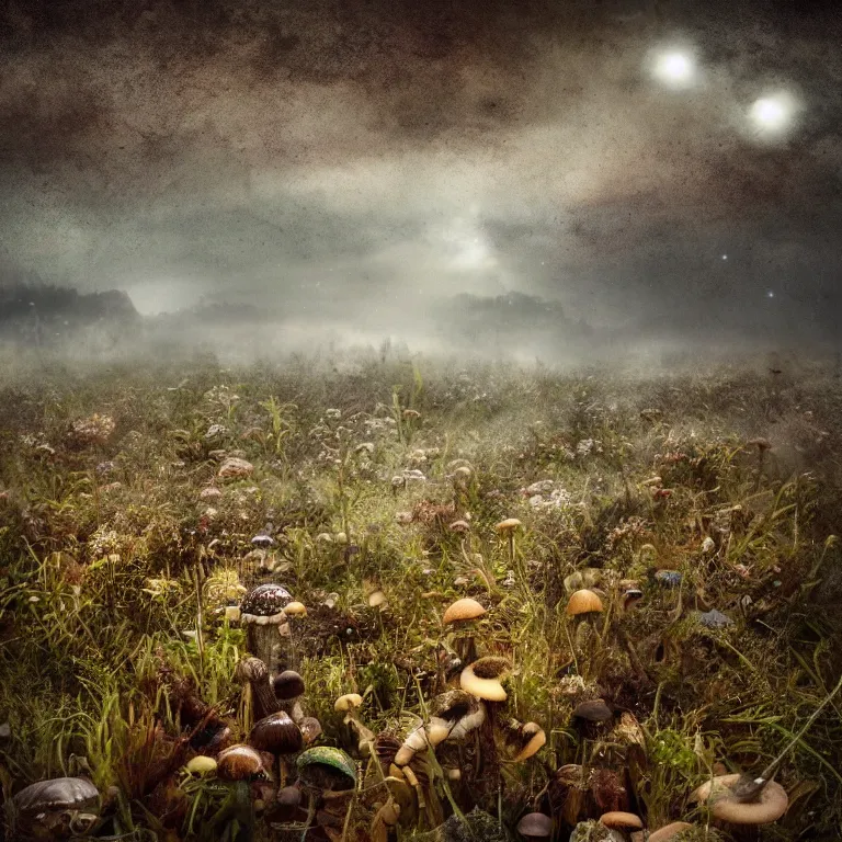 Image similar to a planet of various fungus, mushrooms and plants, inside the picture is infinity, Atmospheric phenomenon, artistic photography, muted colors, conceptual, long exposure outside the city, volumetric light