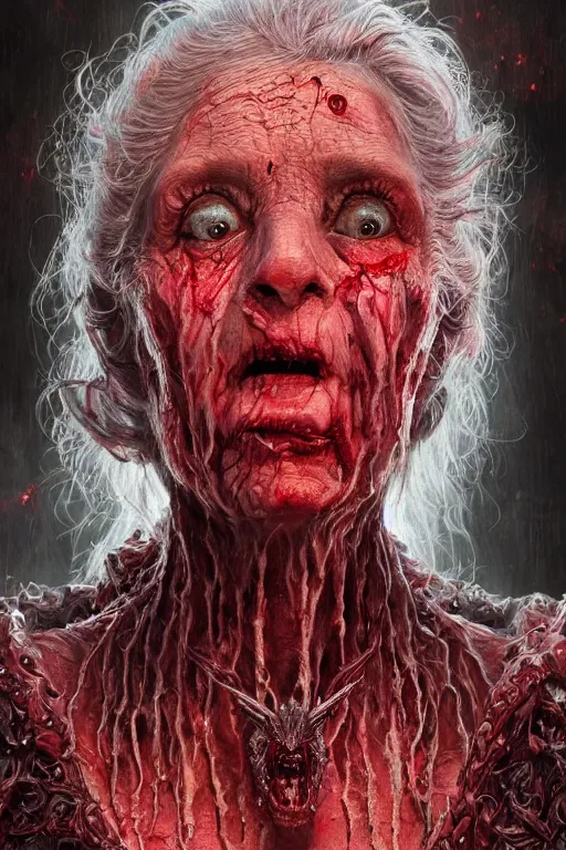Image similar to realistic portrait of beautifully crystalized and detailed portrait of a zombie old woman, matte painting of cinematic movie scene red dragon, horror, created by gustave dore and greg rutkowski, high detailed, smooth draw, synthwave neon retro, intricate, realistic proportions, dramatic lighting, trending on artstation.